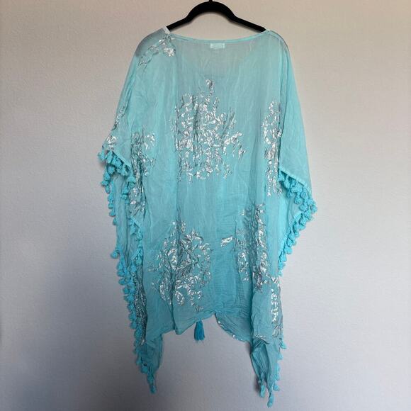 Debbie Katz turquoise metallic kaftan top tassel trim beach coverup S resort - Picture 3 of 7